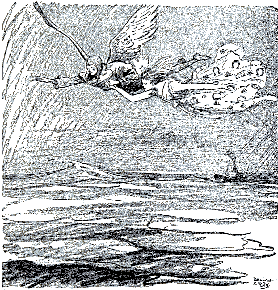 Drawing of “Lady Lindy” (Earhart) with angel wings flying             over ocean and holding hands with “Lady Luck”