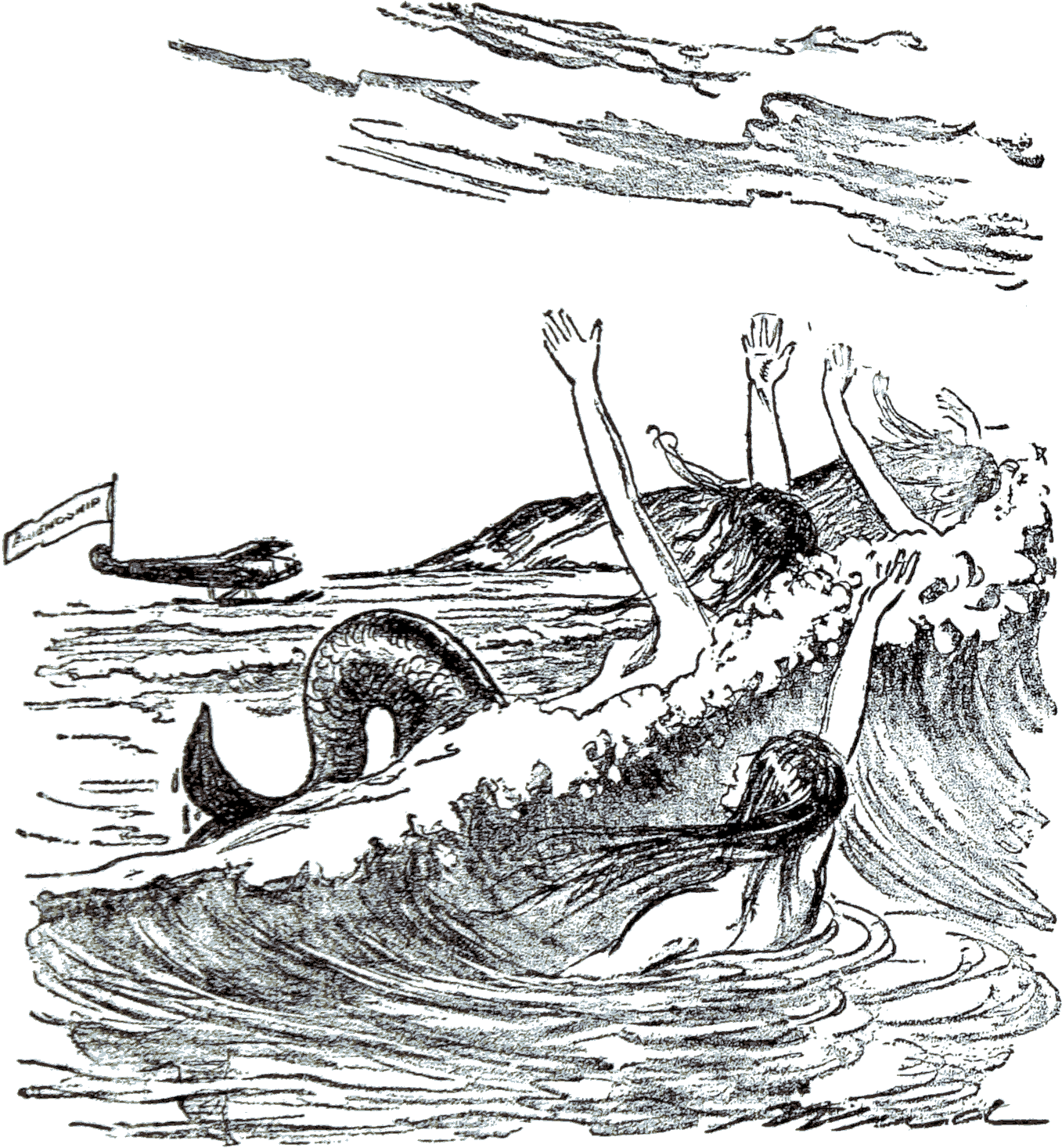 Drawing of mermaids waving at Friendship airplane