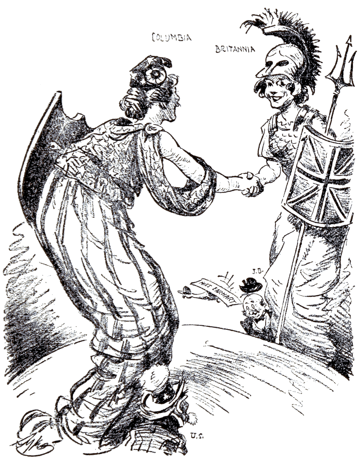 Drawing of giant Columbia and Britannia shaking hands across the Atlantic; Earhart plane flies below; U.S. (Uncle Sam and J.B. (John Bull) look on