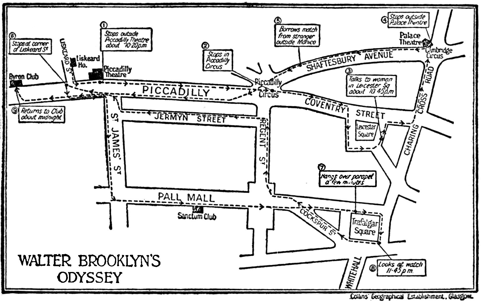 A map of some streets in London, entitled “Walter Brooklyn’s Odyssey.” A dotted line traces a path from Liskeard House to Byron Club that meanders along a dozen streets, including Piccadilly, Charing Cross Road, Jermyn Street, Pall Mall, and Liskeard Street. Nine different points on the path are labelled indicating points where Walter Brooklyn engaged in some activity.