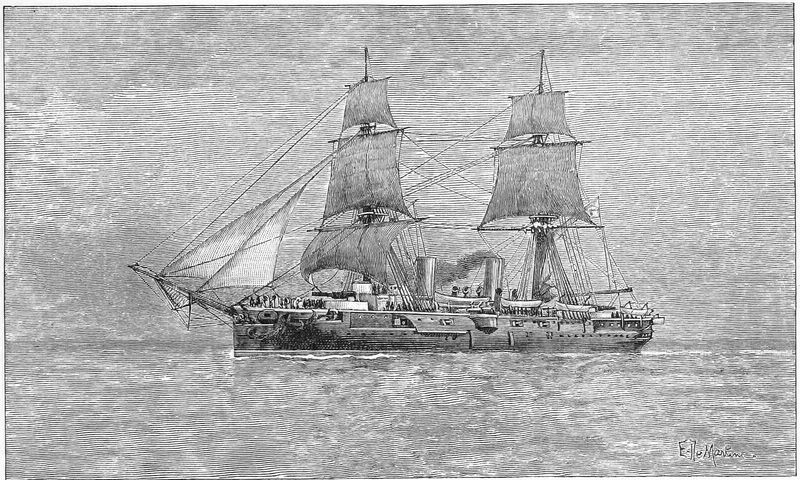 War-ship under sail at sea