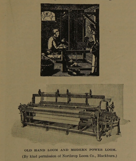 OLD HAND LOOM AND MODERN POWER LOOM. (By kind permission of Northrop Loom Co., Blackburn.)