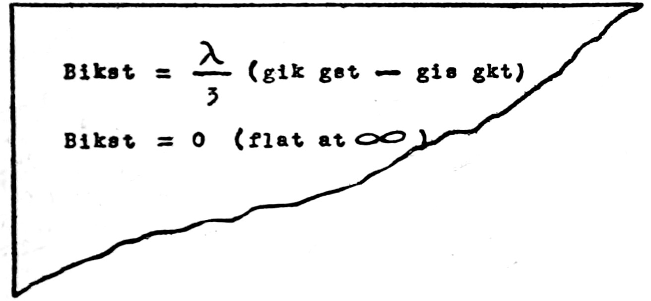 A torn scrap of paper showing two     typewritten equations: “Bikst = λ/3 (gik gst - gis gkt)”, and     “Bikst = 0 (flat at ∞)”.