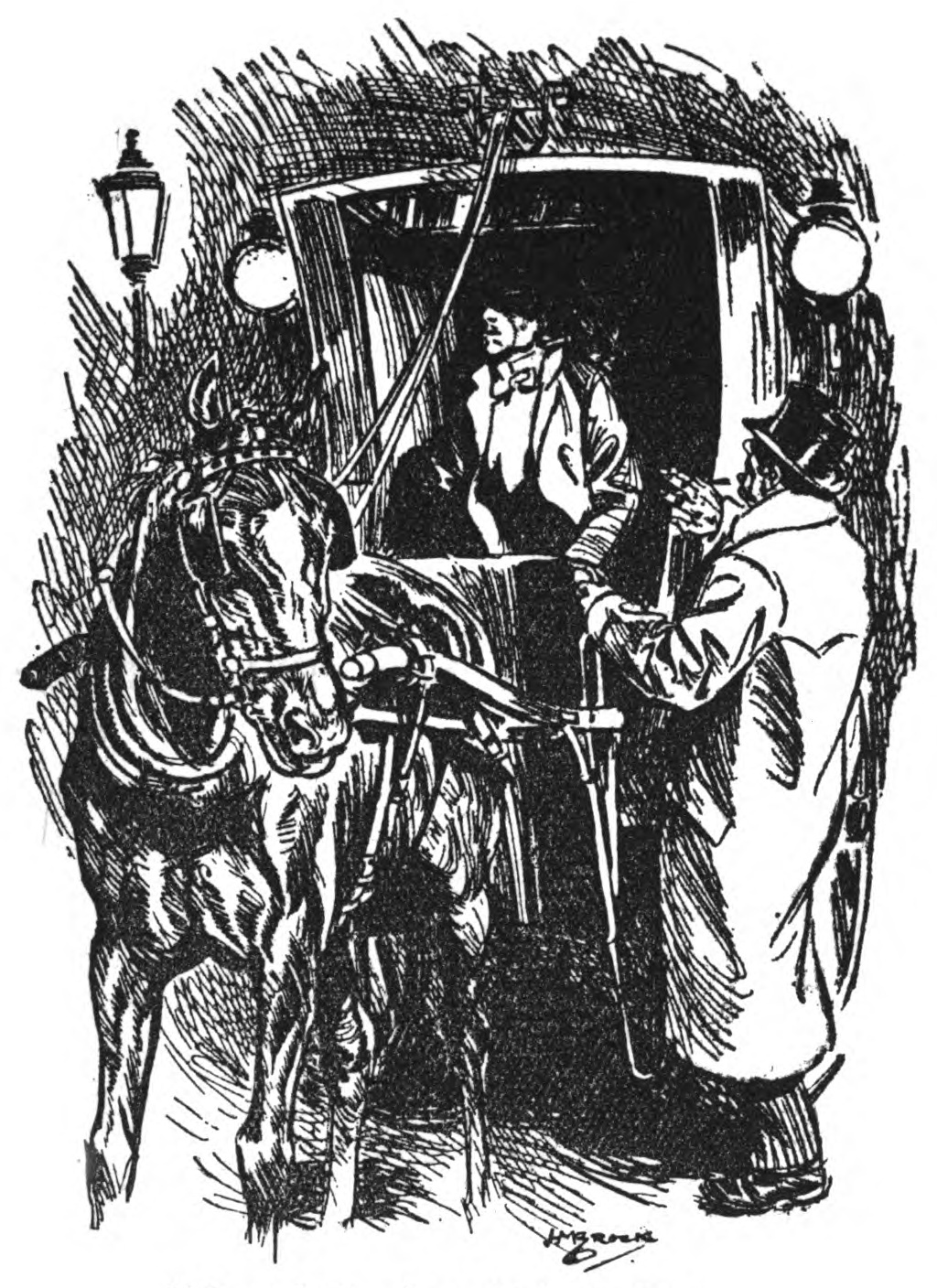 A horse-drawn hansom cab      at night-time. In the shadowy interior of the cab sits a man in     evening dress, leaning against the side of the cab as if dozing.     Another man stands beside the cab, tentatively reaching in.