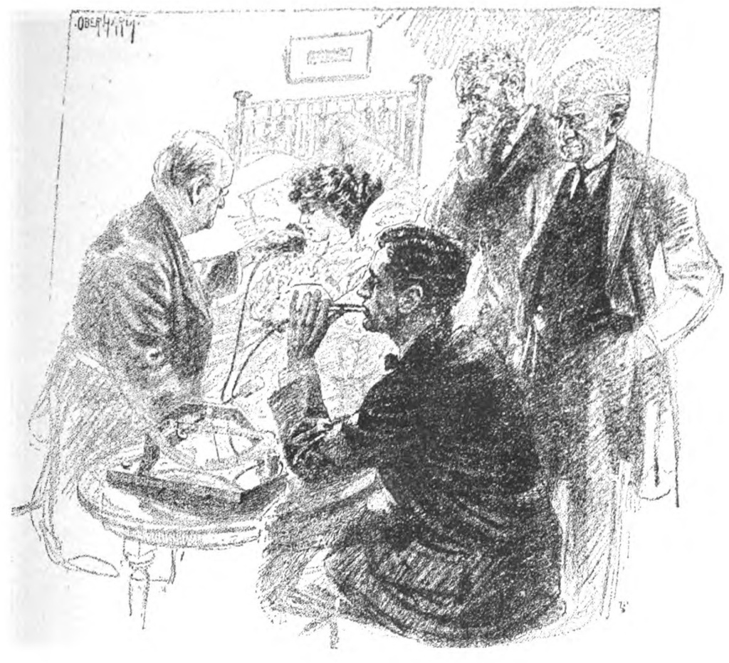 A man and a woman are seated,       several feet apart, with speaking horns held up to them. The man       sits before an instrument with a curved scale. Three older       gentlemen stand around, watching the proceedings carefully.