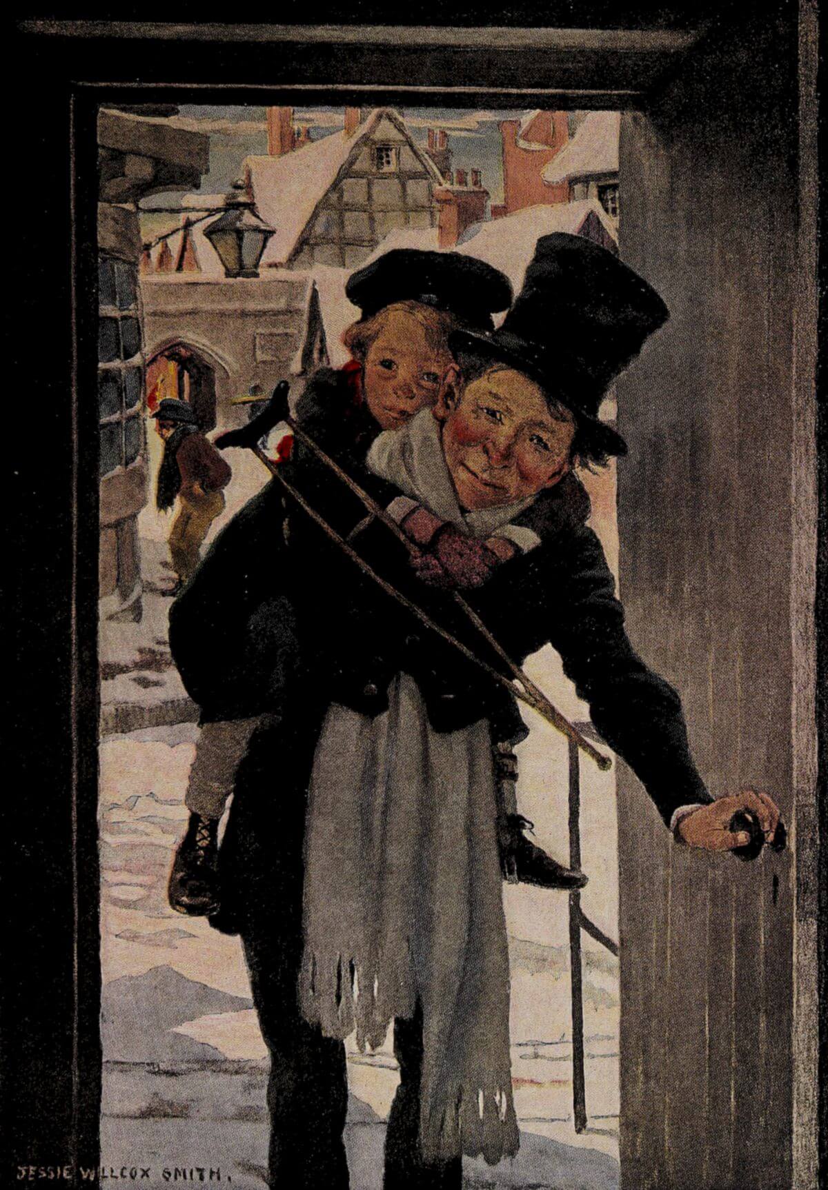 A joyful Bob Cratchit carries Tiny Tim on his shoulder,  smiling warmly as they enter a doorway on a snowy Christmas day.