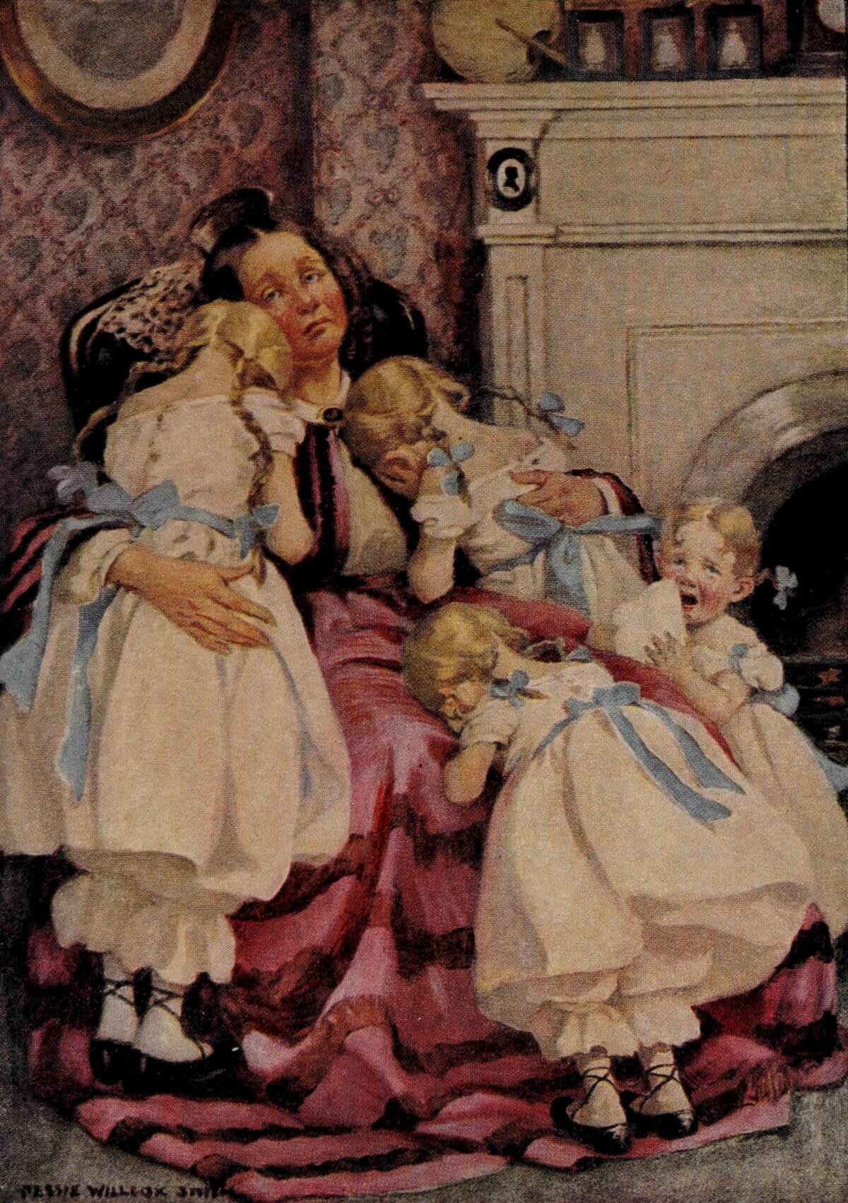 The image portrays a weary-looking woman in a chair,  surrounded by four young girls in white dresses with blue ribbons.