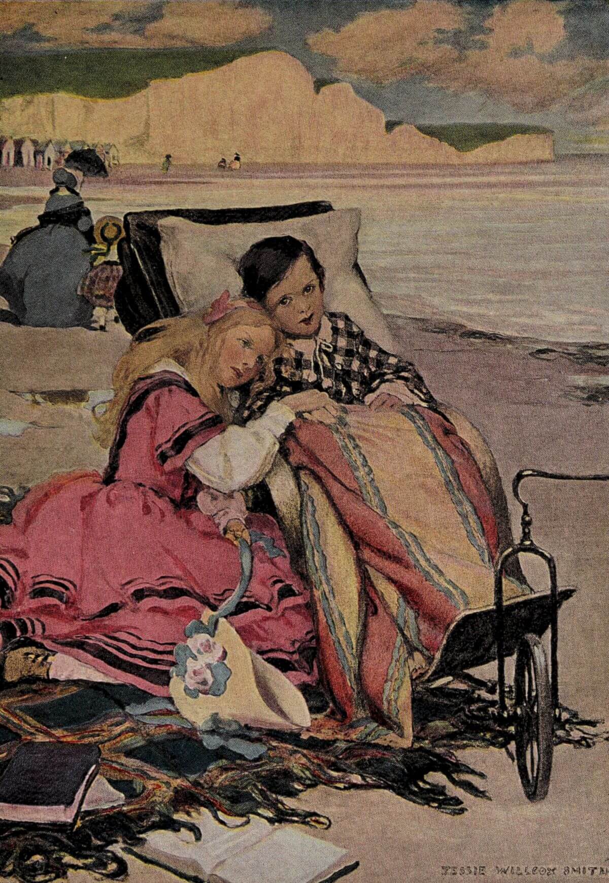 A girl in a vibrant pink dress tenderly leans against a sick child  resting in a beach wheelchair, wrapped in a striped blanket.