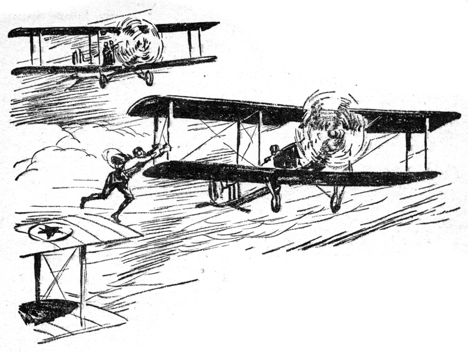 Two airplaces in flight with a girl jumping from wing to wing