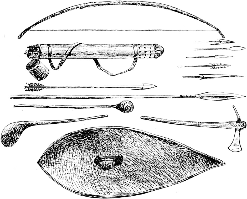 Einige Speere, Pfeilspitzen,   Bogen, Köcher und Schild