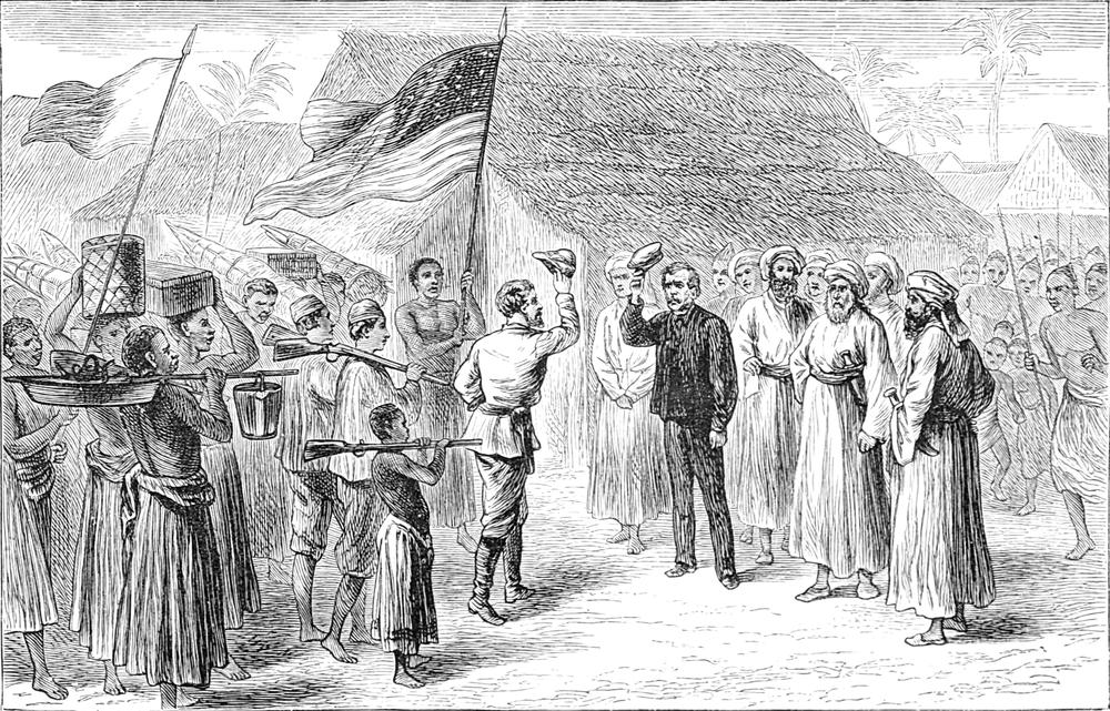 Livingstone und Stanley   begrüßen einander und lüften ihre Mützen dabei