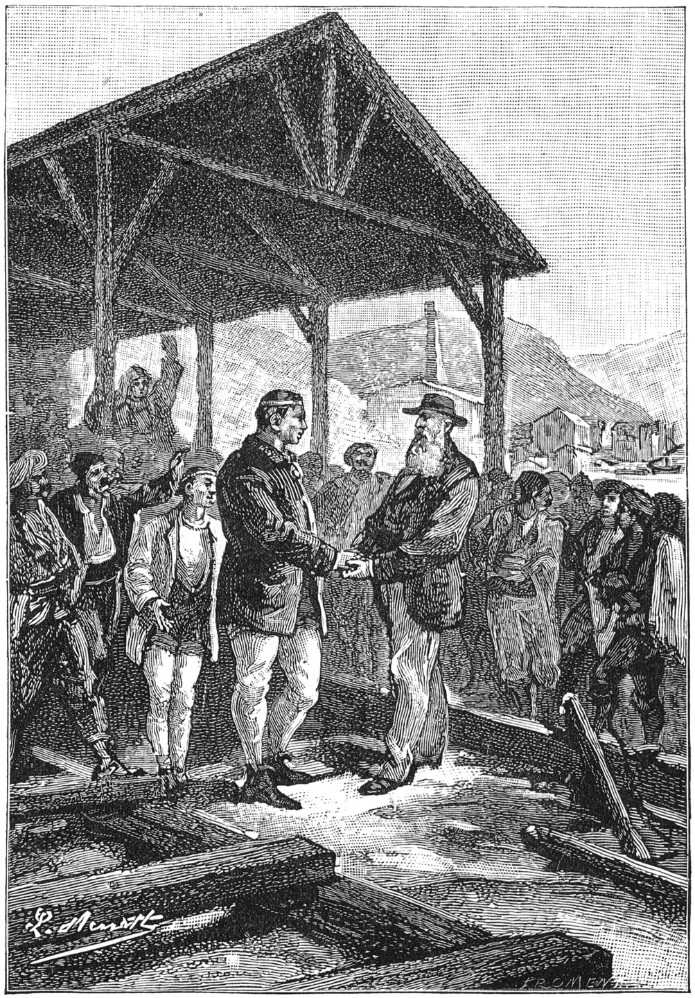 „Heb dank, vriend, voor hetgeen gij zooeven gedaan hebt!” (Bladz. 184.)