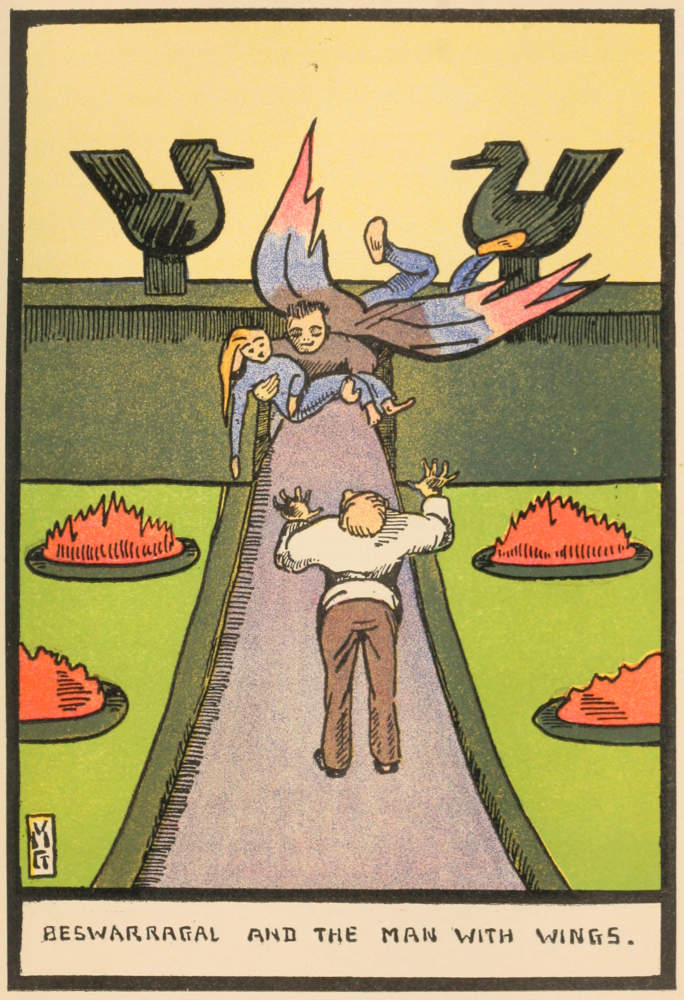 A man with wings has picked up a woman and is flying away, while another man stands with his arms raised in surprise.