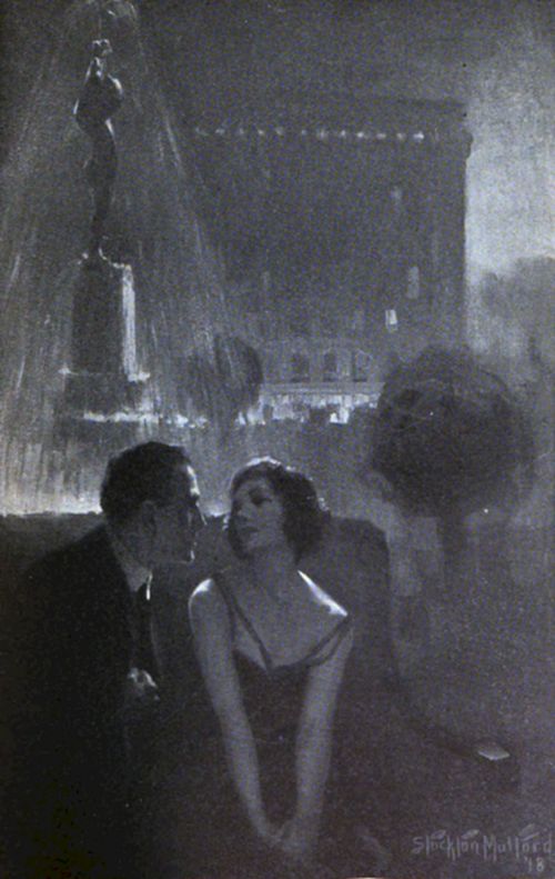 A couple sits close under a glowing night fountain, lost in intimate conversation, surrounded by soft light and city shadows.