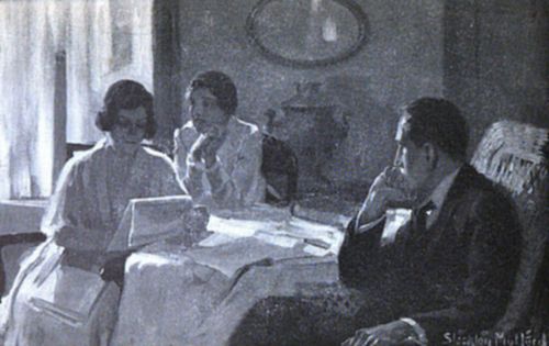 Three people sit around a table, deeply focused on papers; two women read while a man contemplates, all in a dimly lit, vintage room.