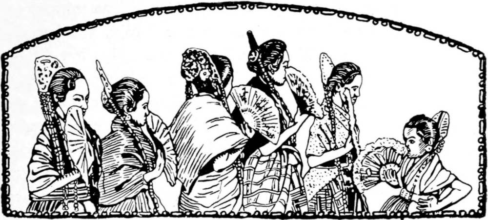 Kopfvignette: Einheimische Damen   mit Kopfschmuck und Fächer