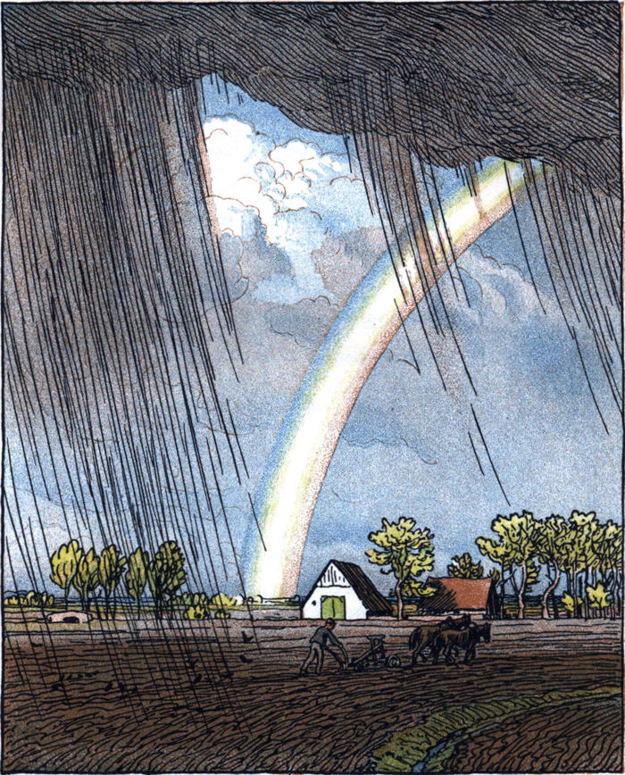 Unwetter und Regenbogen über   einem Bauernhof