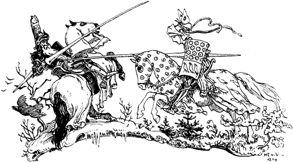 Zwei Ritter im Lanzenduell, einer davon ist der Frühling