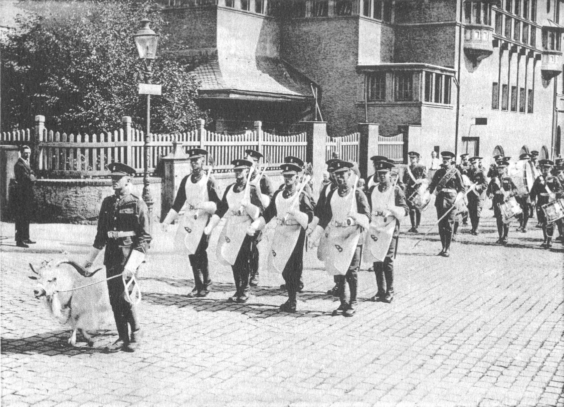 military parade marching on city cobblestone street