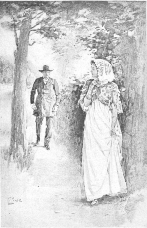 a young woman, dressed rather tightly and with a scarf around her head is walking in a garden or forest, She is followed by a man and she looks over her shoulder