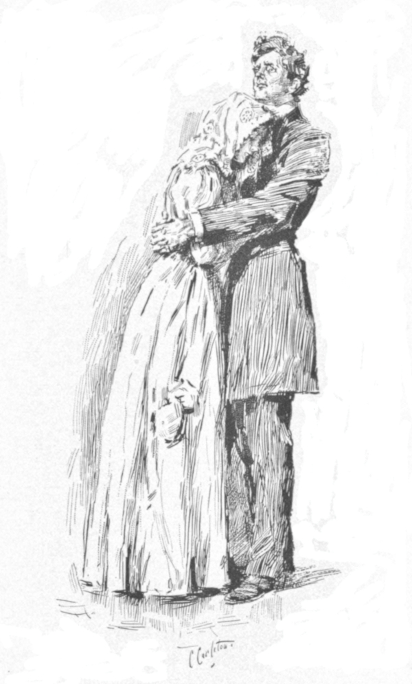A young woman, poorly recognisable becaus of the scarf around her head, is held in the arms of a gentleman. The man is wearing formal clothes