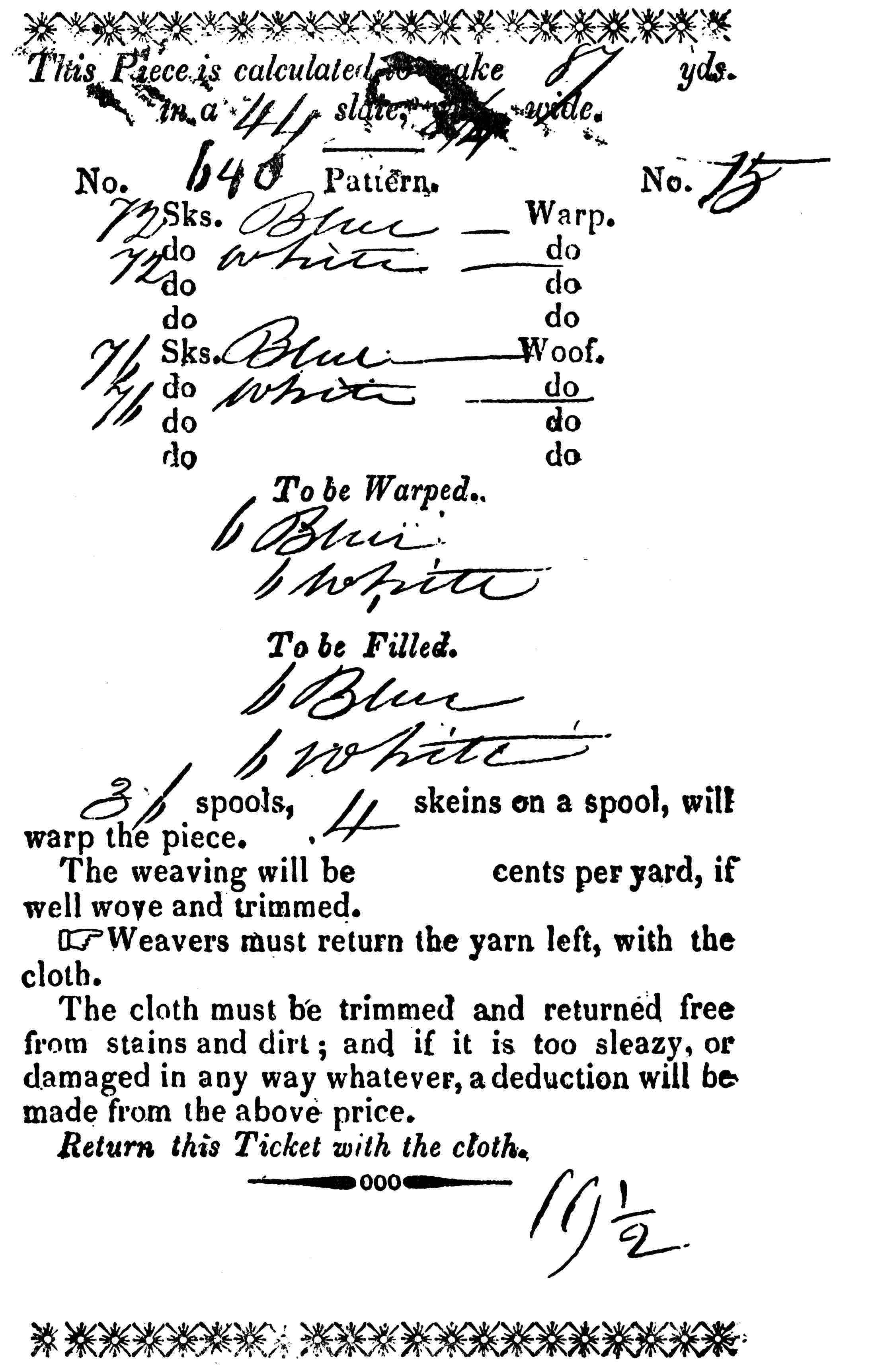 Weaving directions sheet
