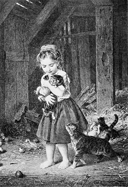 child with cat and kittens