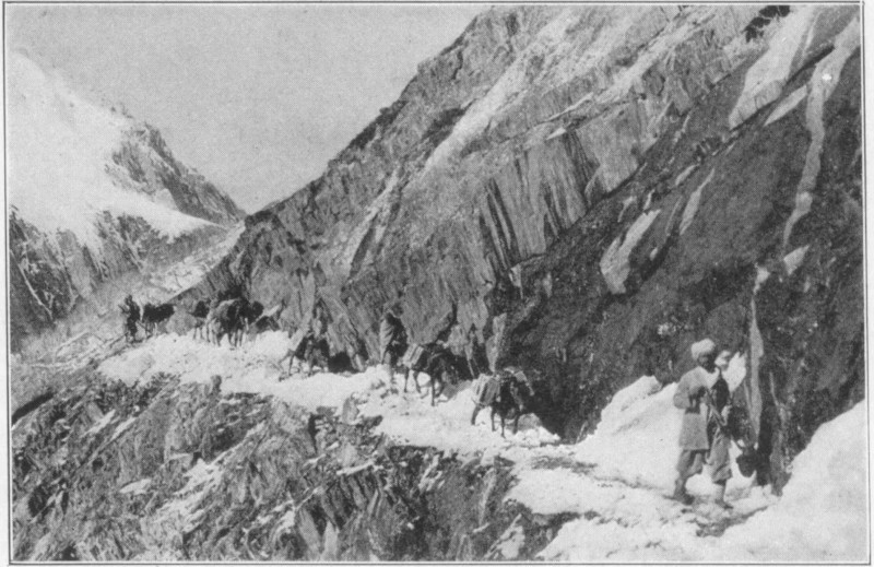 A row of men and horses walking along a snowy path on the side of a mountain.