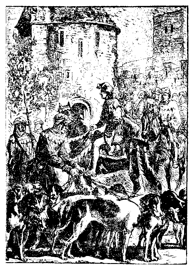 Zeichnung einer mittelalterlichen                 Jagdgesellschaft mit Pferden und Hunden