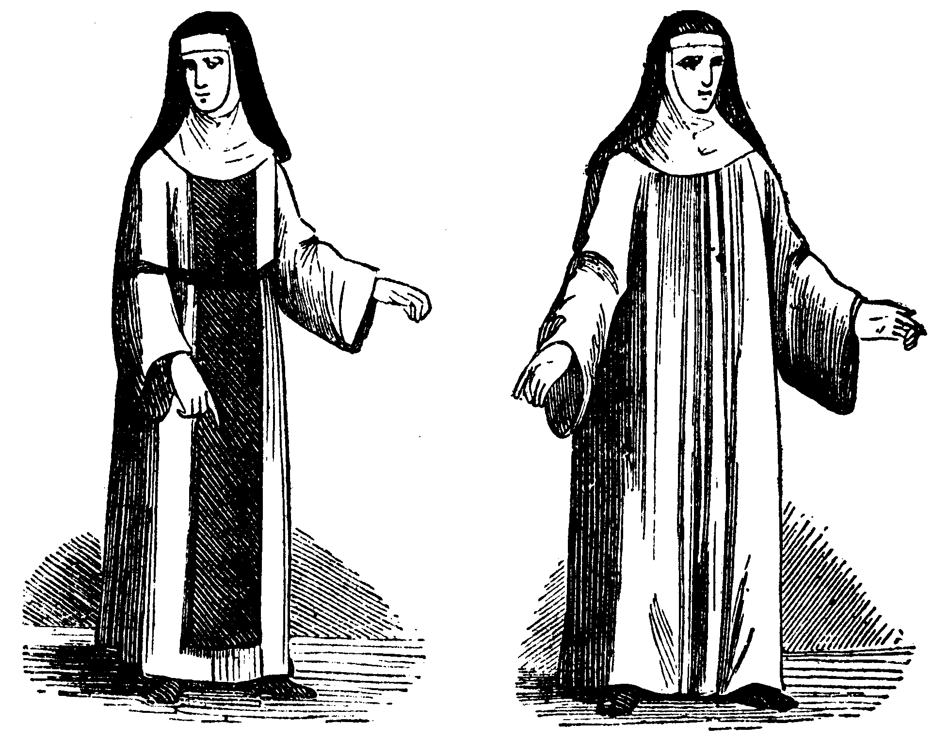 Chorschwester in Haustracht mit abgesetzten schwarzen                          Streifen und Flächen sowie Chorschwester in Chortracht                          mit einheitlich hellem Gewand