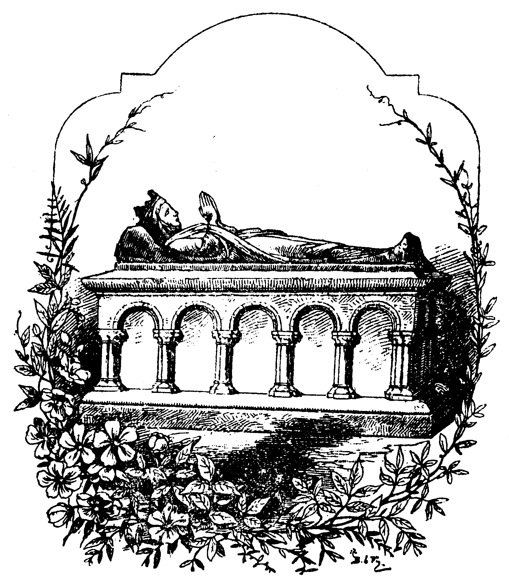 Steinerner Sarkophag mit liegender, ins Gebet                      vertiefter Statue