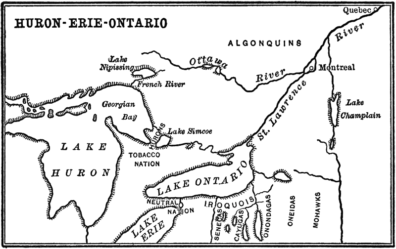 Map of Lakes Huron, Erie, and Ontario, also depicting  connecting waterways and a number of smaller lakes in the region.