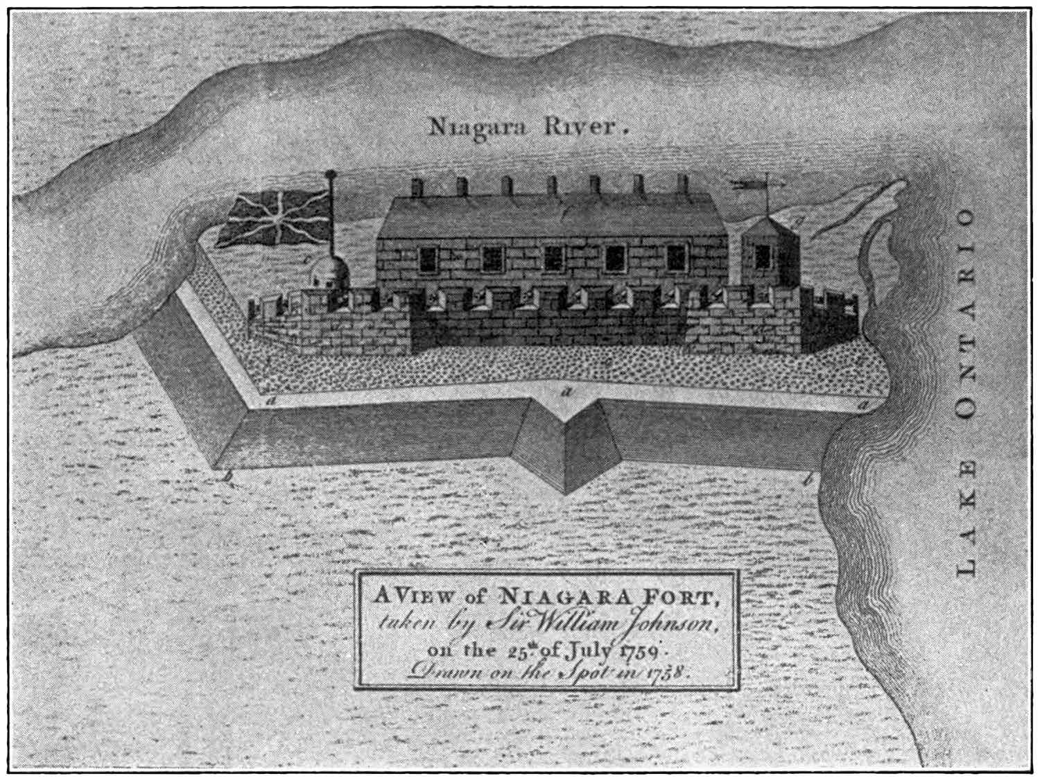 A rough map showing Niagara Fort at the junction of the Niagara River and Lake Ontario.