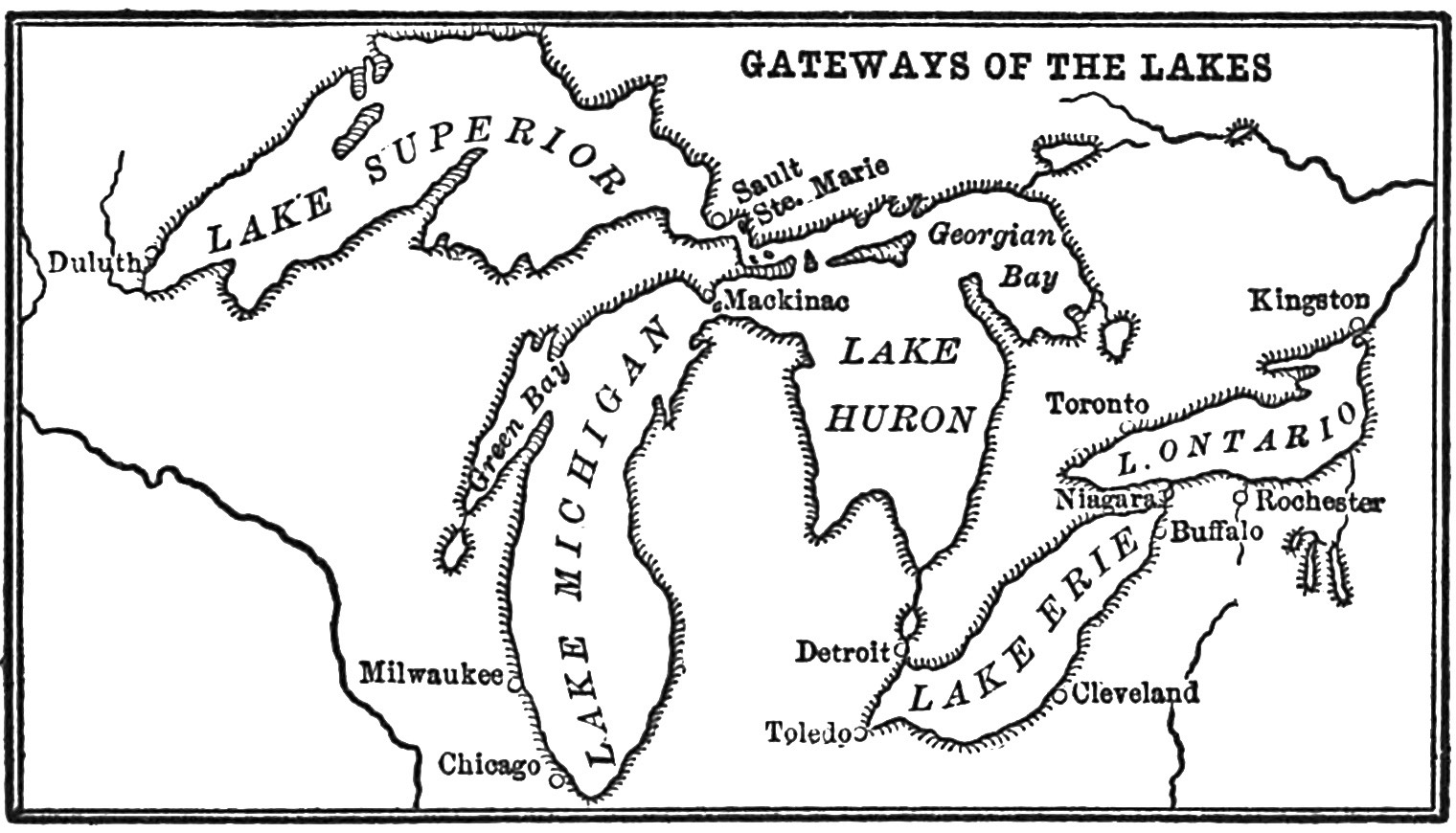 Map: “Gateways of the lakes” showing major cities along the shores of the five Great Lakes, including Duluth, Milwaukee, Chicago, Detroit, Toledo, Cleveland, Toronto, Buffalo, Rochester, and Kingston