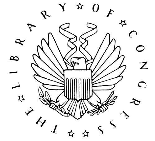 Circular seal with an eagle bearing a shield on its chest, wings spread, clutching arrows and an olive branch, surrounded by stars and the words “Library of Congress.”