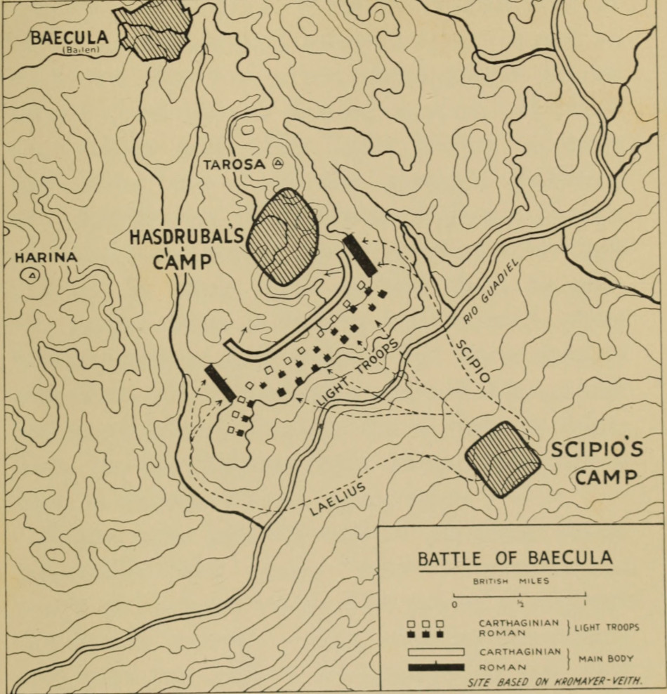 The map shows the town of Baecula to the northwest, Scipio’s camp to the southeast, and Hasdrubal’s camp mid-way between. The Carthaginian main body is stretched southwest-to-northeast, in front of their camp, while the Roman main body, in two halves, moves to flank the ends of the Carthaginian line.