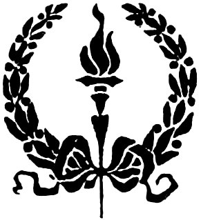 A black laurel wreath encircling a central torch with a flame, tied at the base with a ribbon bow.