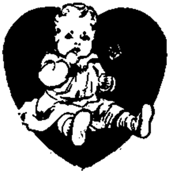 [Illustration of a heart overlaid with a young child. The child sits with legs straight out in front, right hand near mouth, and left hand holding what appears to be a rattle.]