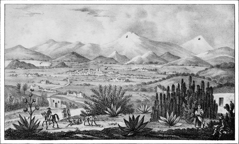 Ritt durch die Hochebene   von Mexiko; im Hintergrund eine Berglandschaft