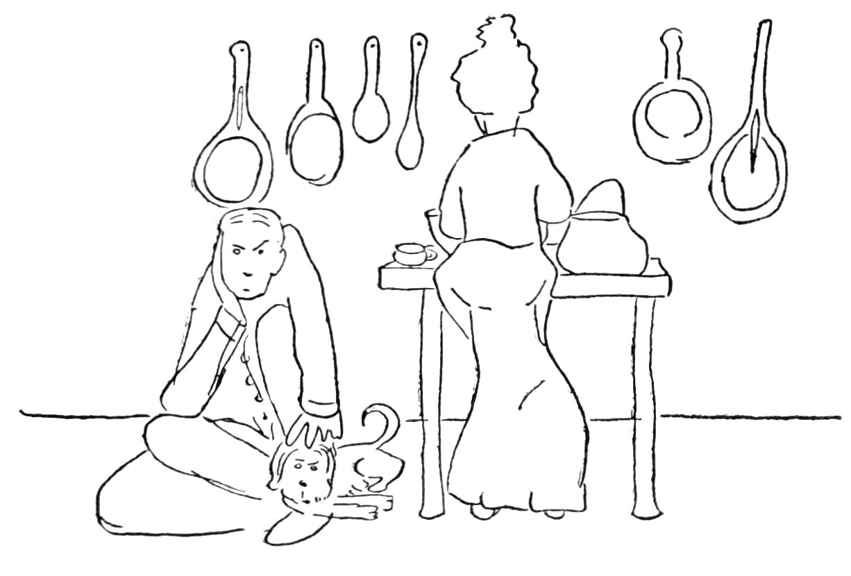 Sketch of woman in long dress at kitchen table, pots hand on the wall behind her. Man and dog sit on the floor looking disgruntled.