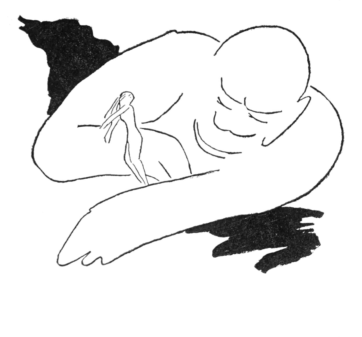 Sketch of the head and arms of a large man, looking down at a dolls sized figure of a woman facing away from him.