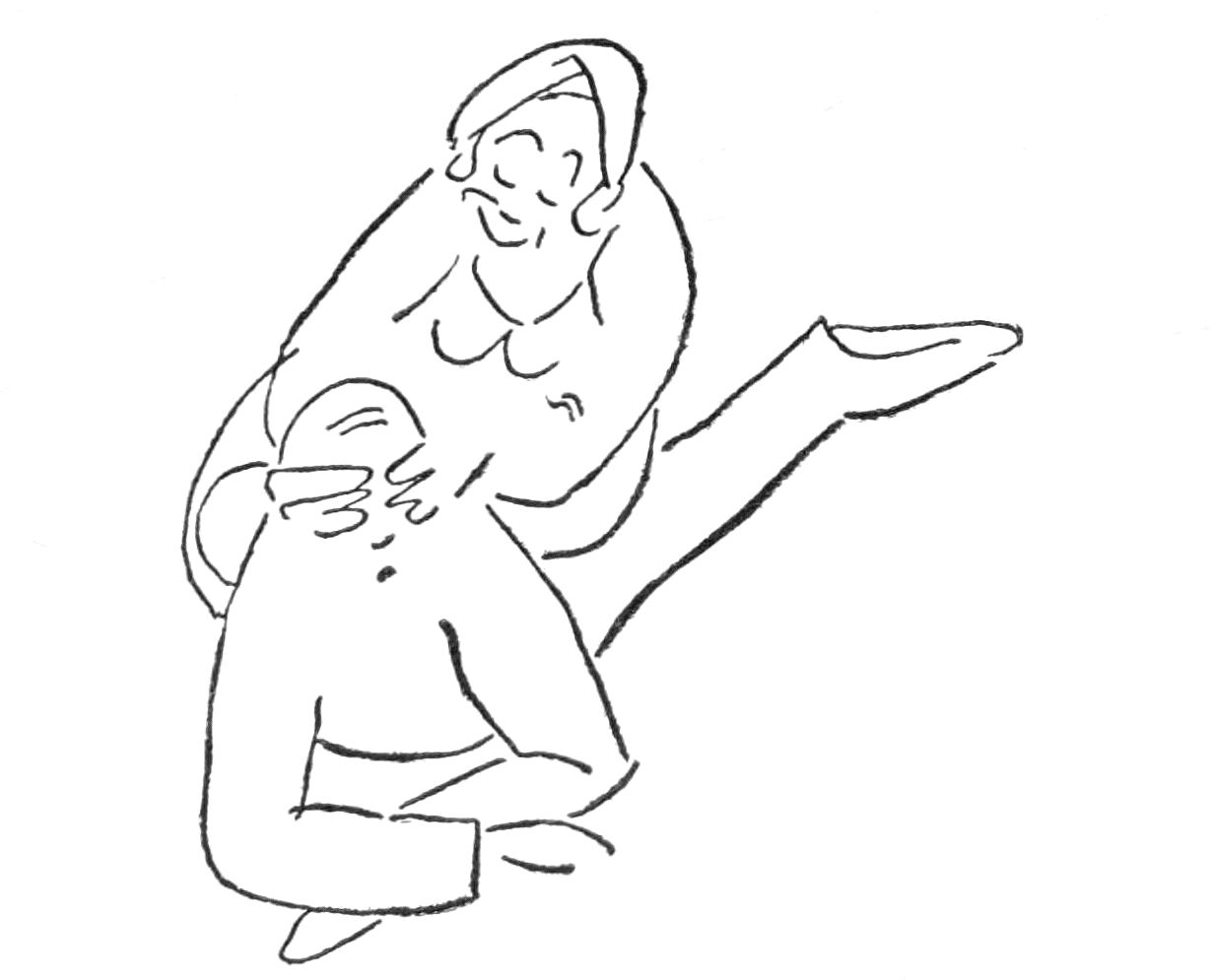 Sketch of man laying on the ground raised up on his arms, a woman sits on his back covering his eyes with her hands.