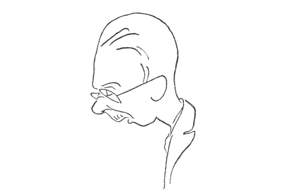 Sketch of man's head in profile, with glasses and slicked back hair.