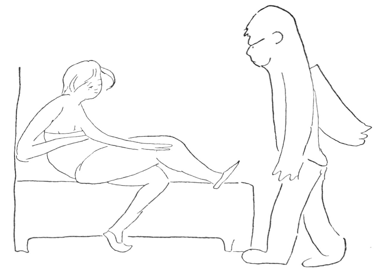 Sketch of man walking towards bed, where woman is lying.
