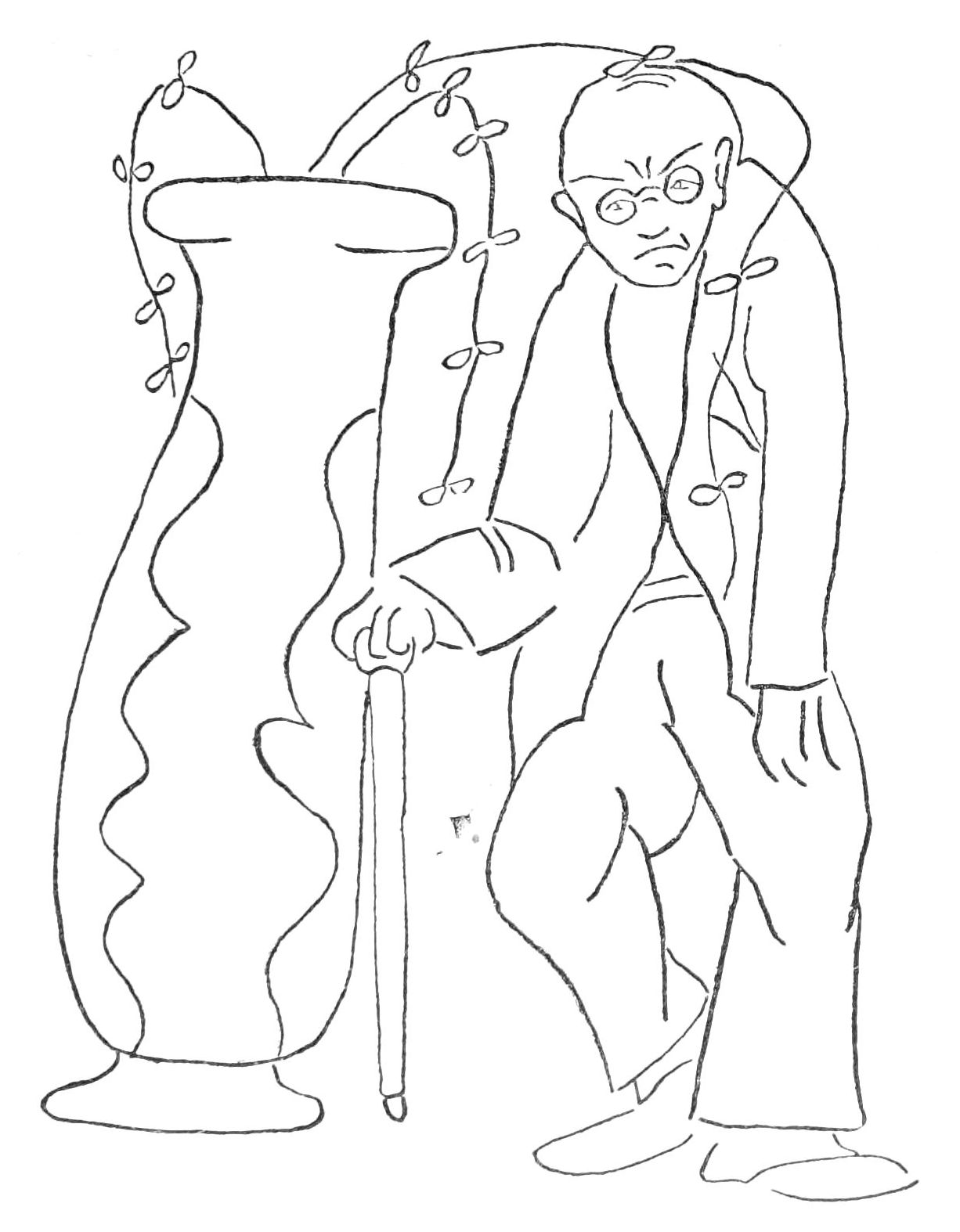 Sketch of man in suit with cane standing next to a large potted plant. Plant branches hang over his shoulders.