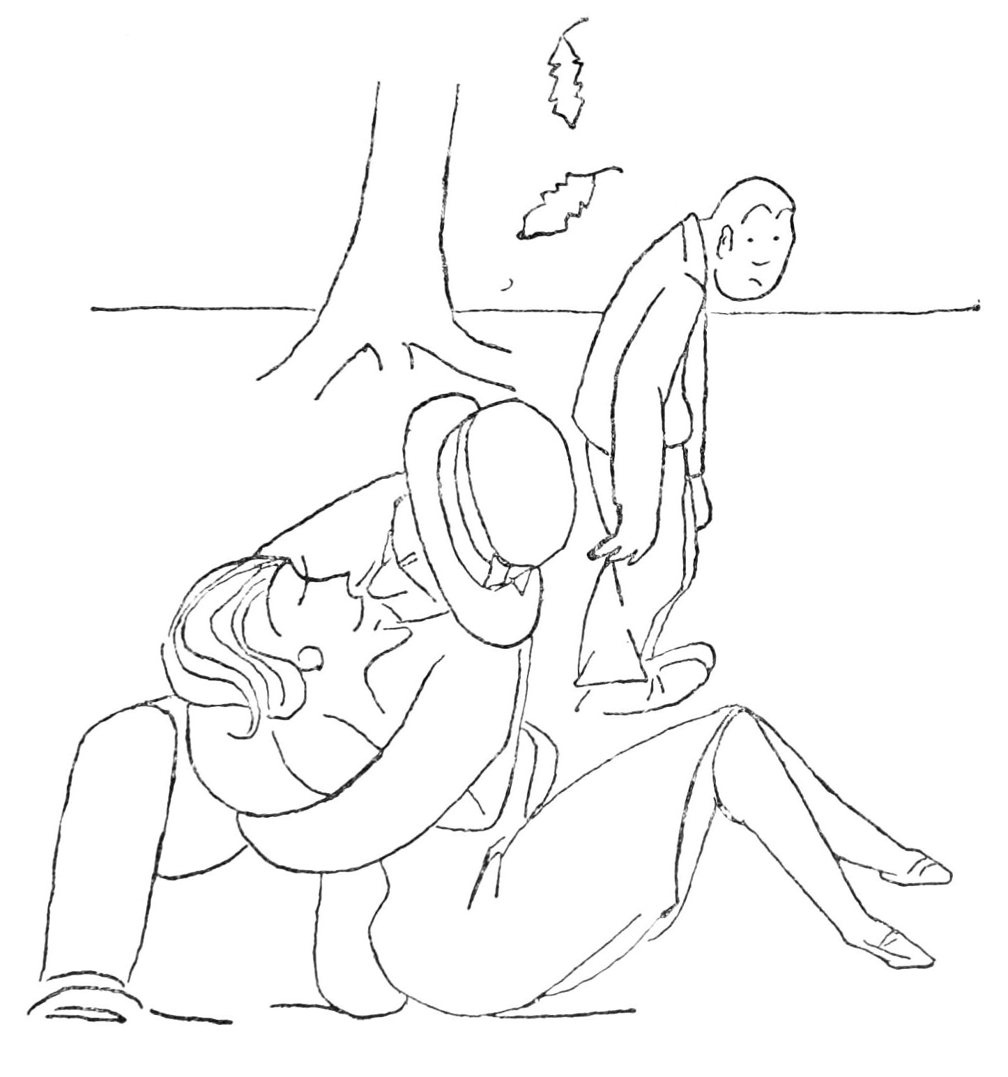 Sketch of man and woman embracing in park, solitary dejected man looks over at them.