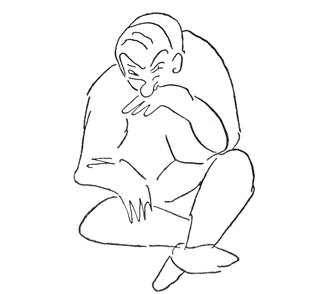 Sketch of man seated crosslegged, face resting on one hand.