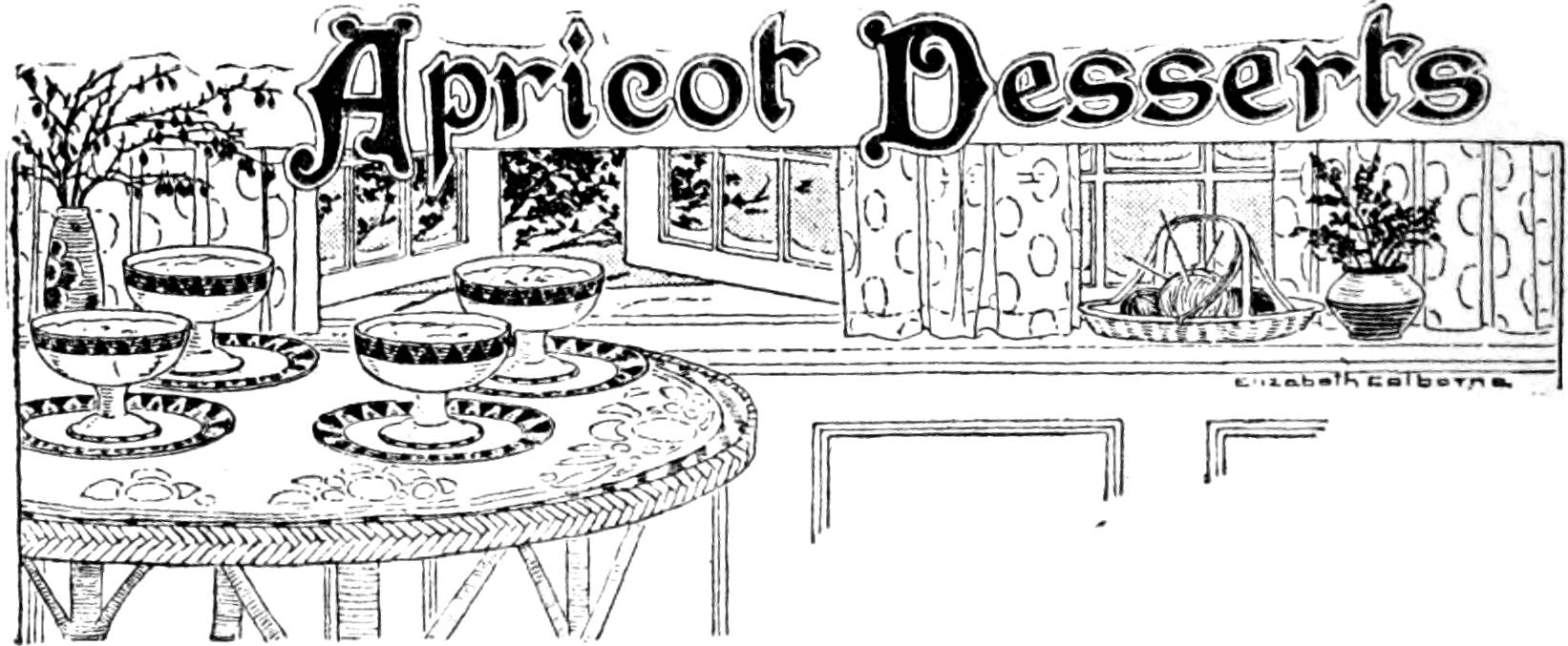 Black and white illustration of a table with four dessert bowls