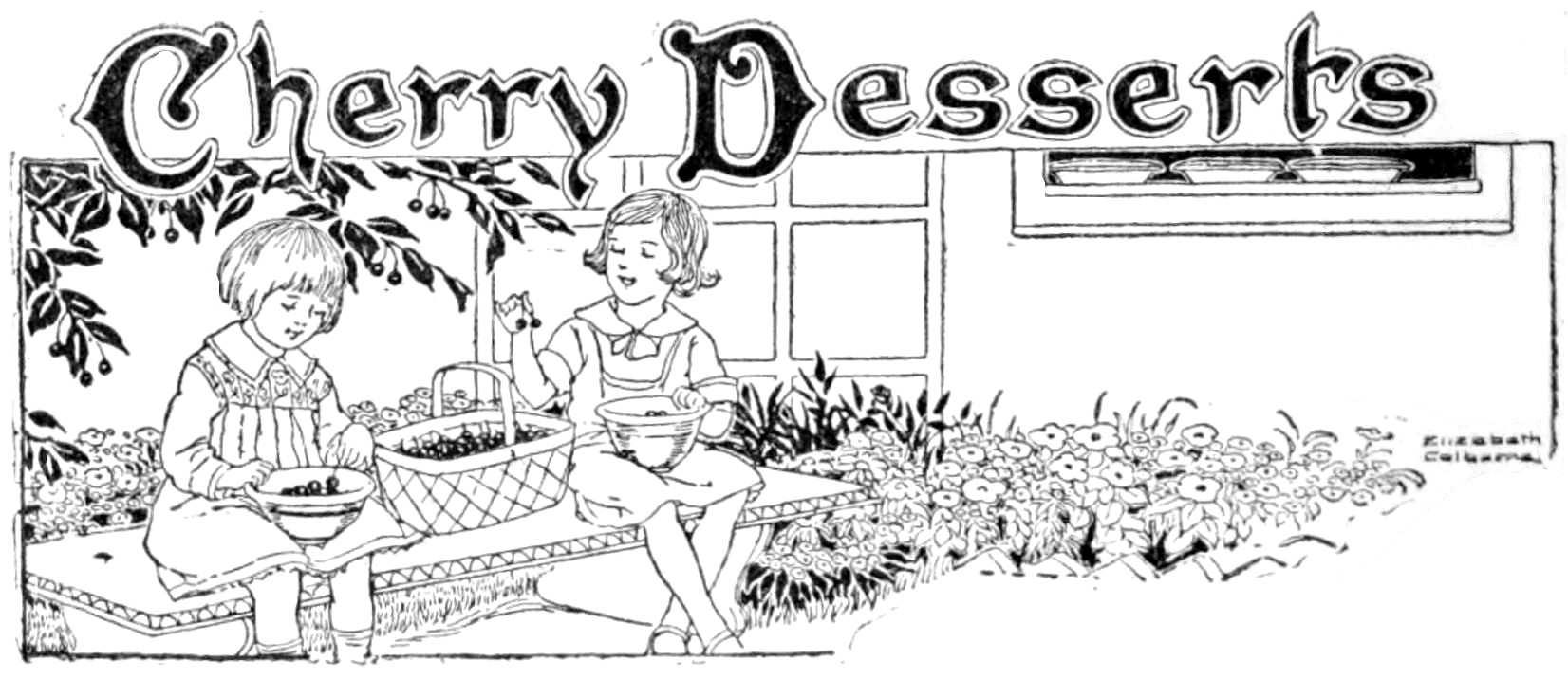 Black and white illustration of two children sitting on a bench in a garden with a basket of cherries between them