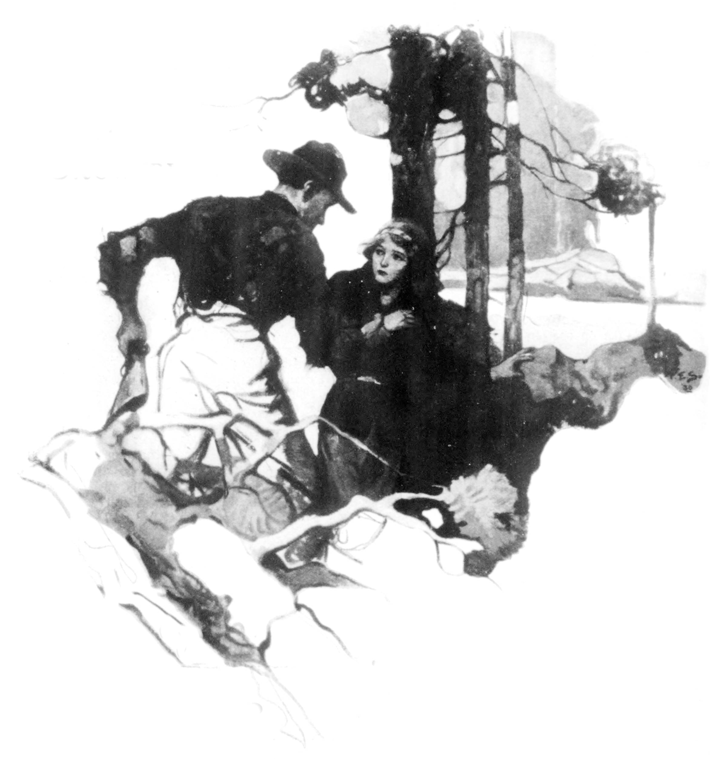 man confronting helpless woman in woods